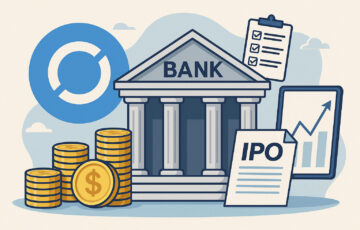 サークル社が米国信託銀行ライセンスを申請する様子を象徴するイラスト。銀行、IPO書類、USDCに関連する要素が描かれている。