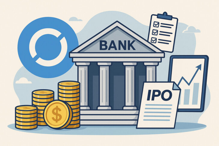 サークル社が米国信託銀行ライセンスを申請する様子を象徴するイラスト。銀行、IPO書類、USDCに関連する要素が描かれている。