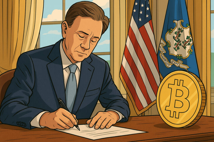 コネチカット州議会の建物と仮想通貨禁止を象徴するビジュアル