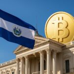エルサルバドル政府庁舎の外観とビットコイン政策に関するイメージ