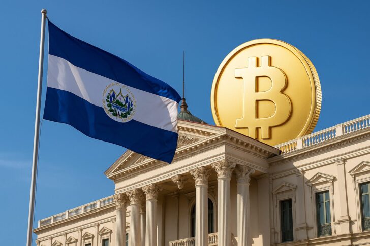 エルサルバドル政府庁舎の外観とビットコイン政策に関するイメージ