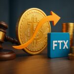 FTXの裁判所承認による19億ドル返済開始を象徴する3Dイラスト。法廷を示すガベルとビットコイン、資金の流れを表現。