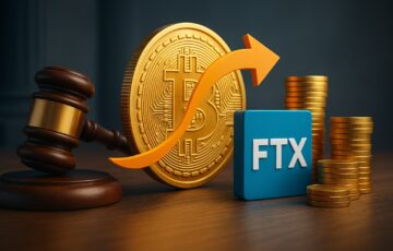 FTXの裁判所承認による19億ドル返済開始を象徴する3Dイラスト。法廷を示すガベルとビットコイン、資金の流れを表現。