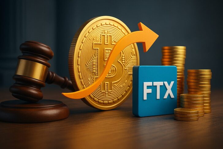 FTXの裁判所承認による19億ドル返済開始を象徴する3Dイラスト。法廷を示すガベルとビットコイン、資金の流れを表現。