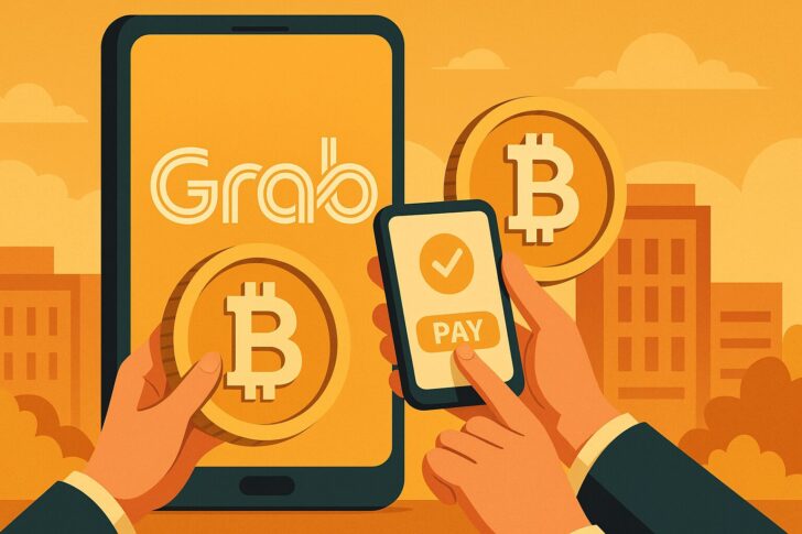 フィリピンの仮想通貨ユーザーがGrabアプリで支払いを行うイメージイラスト