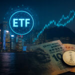 香港の都市風景とETFの概念を象徴するデジタルアート
