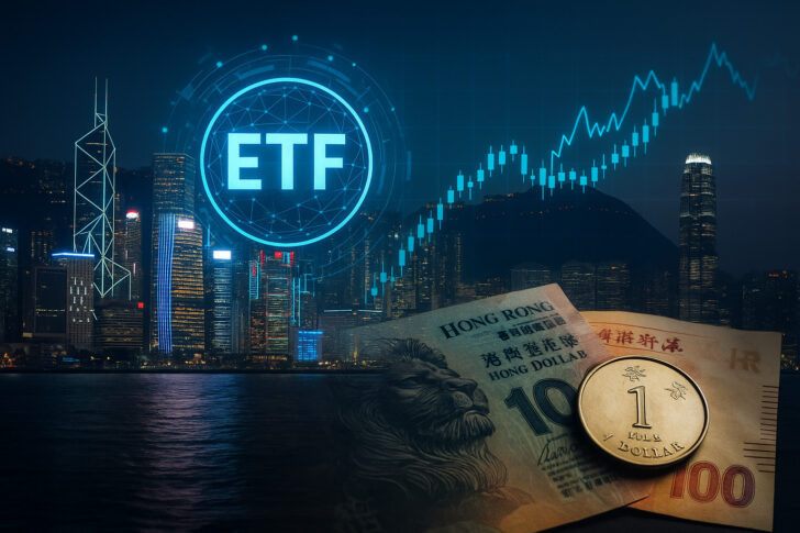 香港の都市風景とETFの概念を象徴するデジタルアート