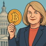 シンシア・ルミス上院議員がビットコインの象徴を掲げるイラスト（米連邦議会を背景に）