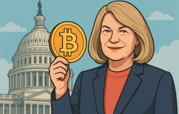 シンシア・ルミス上院議員がビットコインの象徴を掲げるイラスト（米連邦議会を背景に）
