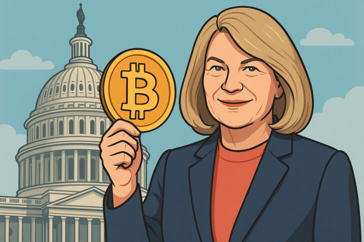 シンシア・ルミス上院議員がビットコインの象徴を掲げるイラスト（米連邦議会を背景に）