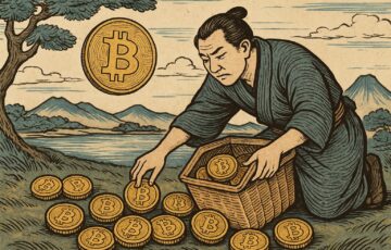 日本風のデザインで描かれたビットコインの蓄積を象徴するイラスト。背景には企業の戦略的な成長を思わせる要素が描かれている。