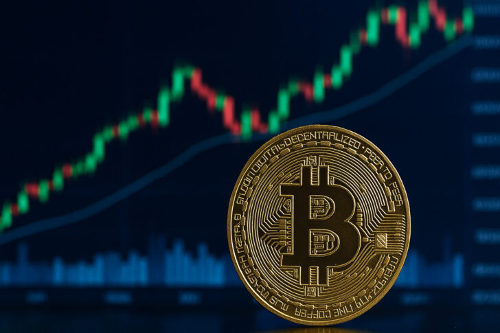 ビットコインのデジタルコインと金融戦略を象徴する未来的なイメージ