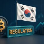 韓国金融当局による仮想通貨関連株投資制限を象徴する3Dイメージ。韓国国旗、ビットコイン、規制を示す要素を配置。