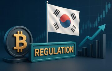 韓国金融当局による仮想通貨関連株投資制限を象徴する3Dイメージ。韓国国旗、ビットコイン、規制を示す要素を配置。