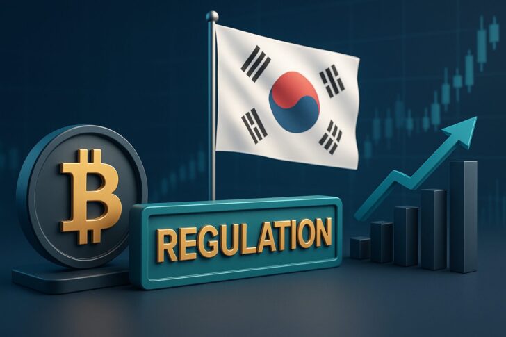韓国金融当局による仮想通貨関連株投資制限を象徴する3Dイメージ。韓国国旗、ビットコイン、規制を示す要素を配置。