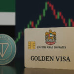 UAEのゴールデンビザカードとToncoinを並べたイメージ。背景にUAE国旗と仮想通貨チャート。