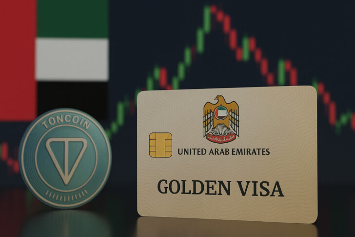 UAEのゴールデンビザカードとToncoinを並べたイメージ。背景にUAE国旗と仮想通貨チャート。