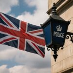 英国政府が公共部門と重要インフラにおけるランサムウェア身代金支払い禁止を検討する提案を象徴するイメージ。ロンドンの行政ビルとデジタルセキュリティの概念を融合。