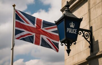 英国政府が公共部門と重要インフラにおけるランサムウェア身代金支払い禁止を検討する提案を象徴するイメージ。ロンドンの行政ビルとデジタルセキュリティの概念を融合。