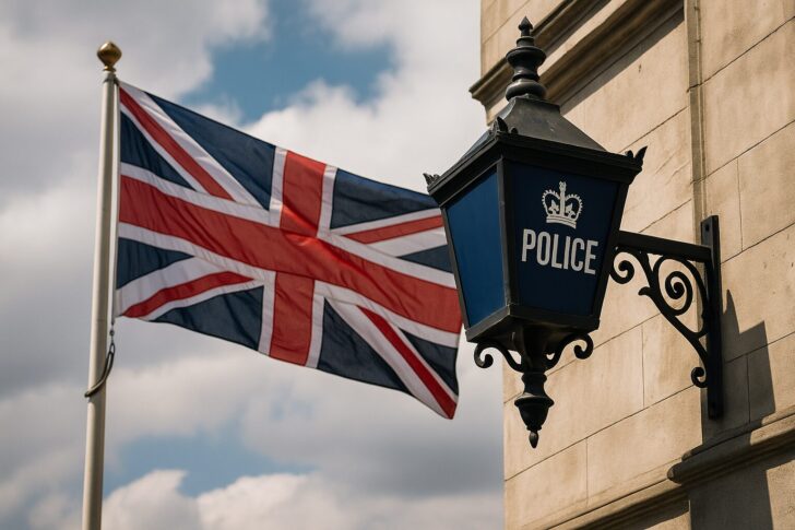 英国政府が公共部門と重要インフラにおけるランサムウェア身代金支払い禁止を検討する提案を象徴するイメージ。ロンドンの行政ビルとデジタルセキュリティの概念を融合。