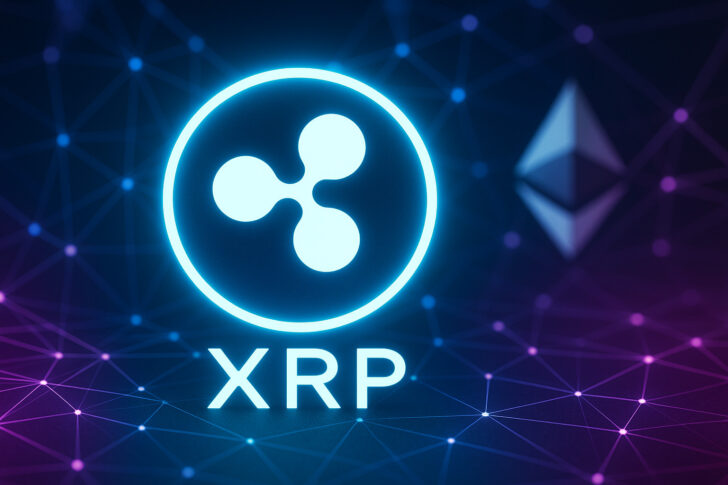 XRPLとイーサリアムのロゴが描かれた高解像度のデジタルイメージ。ブロックチェーンを象徴するノードとネットワーク線が背景に広がる。