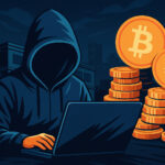 BigONE取引所を狙ったハッキング事件をイメージしたイラスト。フード姿のハッカーとビットコイン・イーサリアムのコインが描かれている。