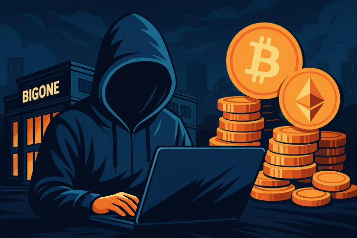BigONE取引所を狙ったハッキング事件をイメージしたイラスト。フード姿のハッカーとビットコイン・イーサリアムのコインが描かれている。