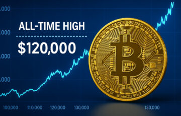 金色のビットコインとデジタル背景が映るビジュアル、史上最高値更新を象徴