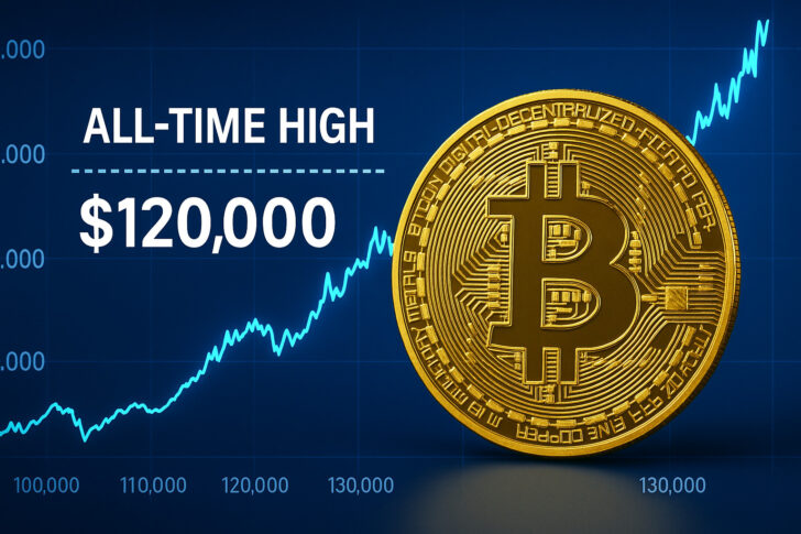 金色のビットコインとデジタル背景が映るビジュアル、史上最高値更新を象徴