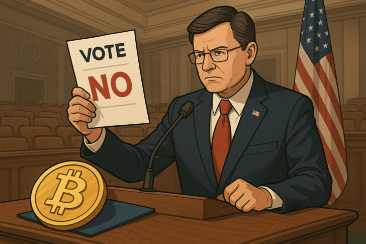 米国議会で仮想通貨法案に反対票を投じる政治家のイラスト、前景にはビットコインのシンボル
