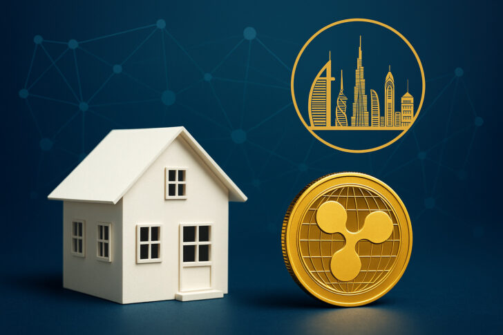 ドバイの不動産トークン化を象徴するイメージ。白い住宅模型とXRPコイン、背景にドバイのスカイラインとブロックチェーンネットワークが描かれている。