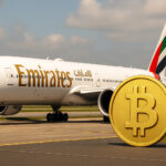 エミレーツ航空の旅客機とビットコインの象徴が並ぶ空港の風景
