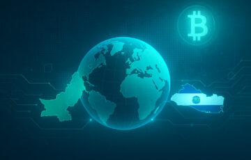 パキスタンとエルサルバドルの仮想通貨協力を象徴するデジタルな抽象イラスト