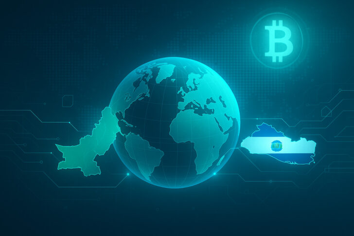 パキスタンとエルサルバドルの仮想通貨協力を象徴するデジタルな抽象イラスト