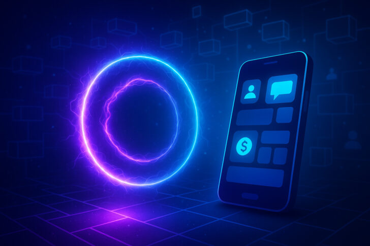 PlasmaChainとBase Appを象徴する未来的なビジュアル。スマートフォンと発光するプラズマリング、ブロックチェーンネットワークを背景に描いたデジタルイメージ
