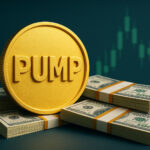 Pump.funのICOを象徴する金色トークンとドル札の束のイメージ