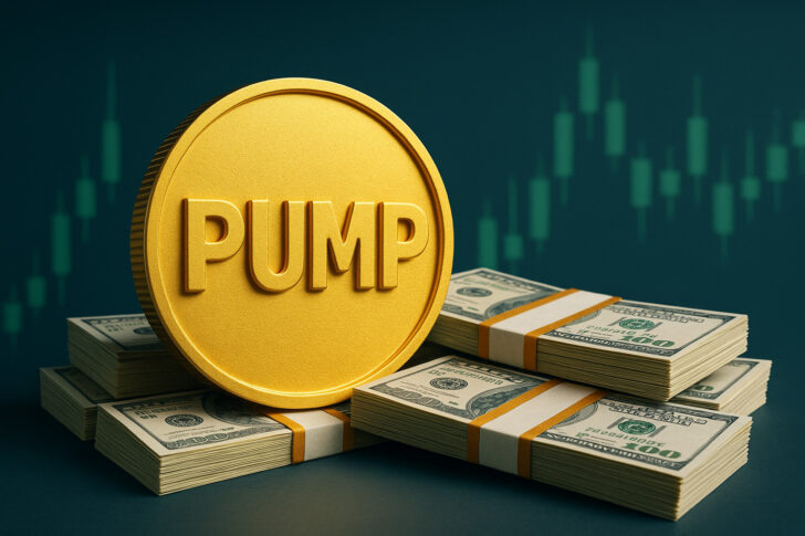 Pump.funのICOを象徴する金色トークンとドル札の束のイメージ