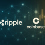 RippleとCoinbaseのロゴを中央に配置し、背後に抽象的なネットワークとデータビジュアルを描いたアイキャッチ画像