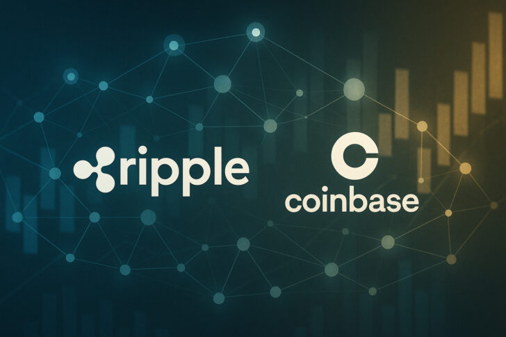 RippleとCoinbaseのロゴを中央に配置し、背後に抽象的なネットワークとデータビジュアルを描いたアイキャッチ画像