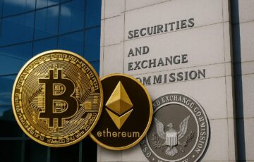 米国証券取引委員会の建物を背景にビットコインとイーサリアムのコインが描かれた画像