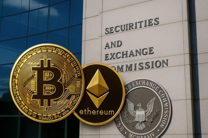 米国証券取引委員会の建物を背景にビットコインとイーサリアムのコインが描かれた画像
