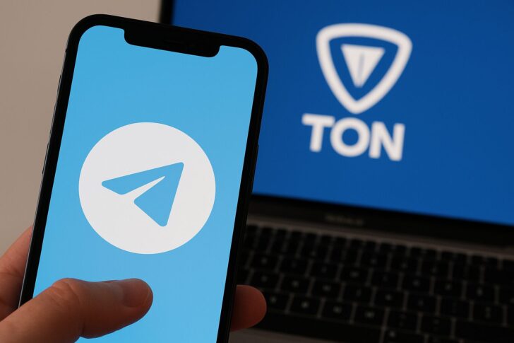 テレグラムアプリ上で表示されるTONウォレットのスマートフォン画面と仮想通貨取引のイメージ