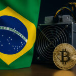 ブラジル国旗とビットコインマイニングマシンの並び