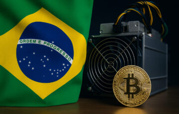 ブラジル国旗とビットコインマイニングマシンの並び