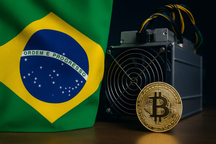 ブラジル国旗とビットコインマイニングマシンの並び