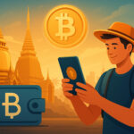 タイの暗号サンドボックスを象徴する未来的なビジュアル。ビーチリゾートとデジタル通貨をイメージしたイラスト