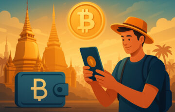 タイの暗号サンドボックスを象徴する未来的なビジュアル。ビーチリゾートとデジタル通貨をイメージしたイラスト