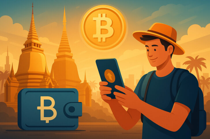 タイの暗号サンドボックスを象徴する未来的なビジュアル。ビーチリゾートとデジタル通貨をイメージしたイラスト