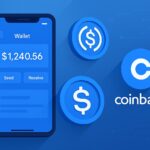 Coinbaseのウォレット画面とUSDCコインを描いた16対9の横長イラスト