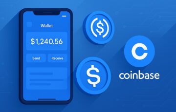 Coinbaseのウォレット画面とUSDCコインを描いた16対9の横長イラスト